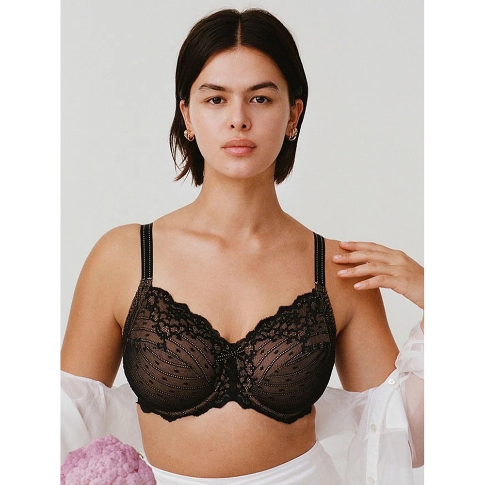 Chantelle Rive Gauche Full Coverage Bra Sz 32H Black Lace Sexy Feminine Lingerie